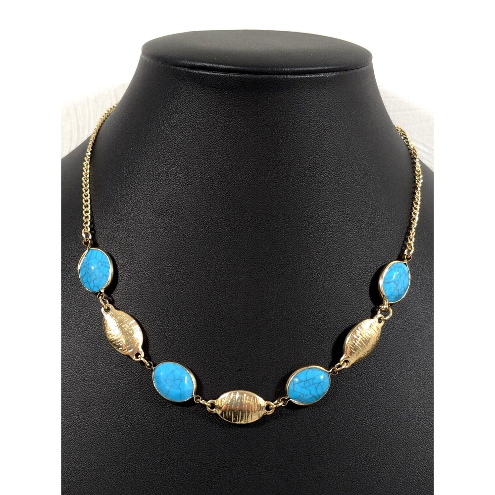 Faux Turquoise Blue Oval Gold Tone Tennis Statement Necklace Western Coastal 19"